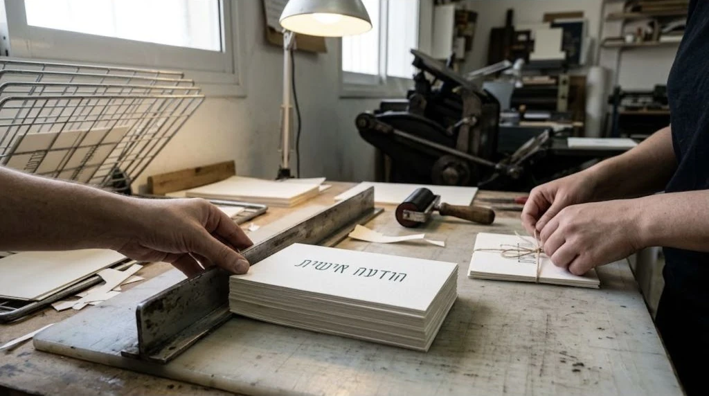 A Tamir Hebrew invitation being finished by hand on a working print-studio bench.