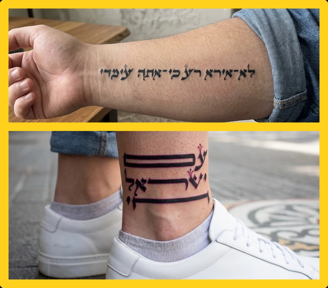 מוקאפים של תהילים: משפט עברי אופקי על אמה ואותיות בכמה שורות על קרסול.